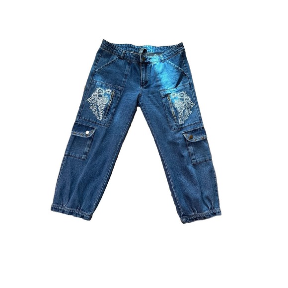 Venus Womens Size 10 Medium Wash Floral Embroidered Cargo Denim Jean Joggers - Picture 3 of 7